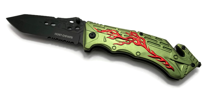 ''Knife 9533 Green - 8.5'''' Hunt Down Green Handle Spring Assisted Knife With BELT Clip''