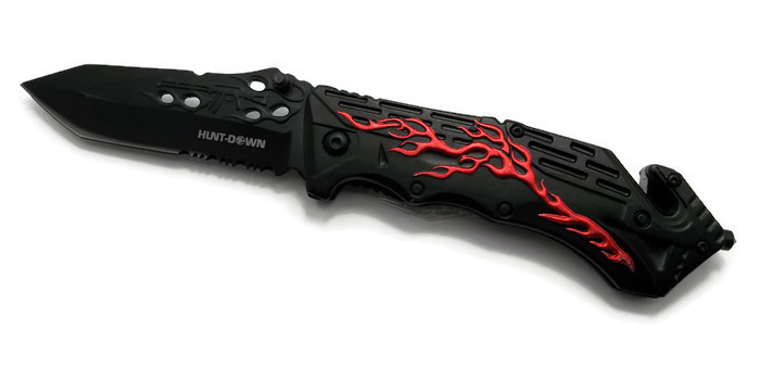 ''KNIFE 9530 Black / Red - 8.5'''' Hunt Down Black Handle Heavy Duty Tactical Team Spring Assisted Knif