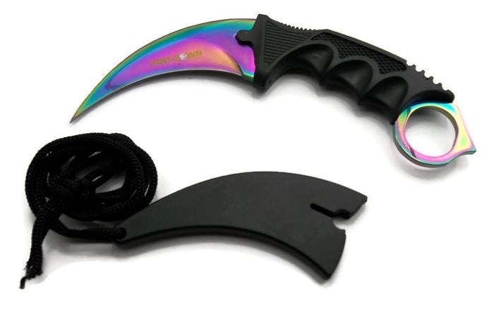 ''KNIFE 9581 Hunt Neck - 7.5'''' HUNT-DOWN KARAMBIT MULTI COLOR BLADE HUNTING KNIFE WITH SHEATH AND CLI