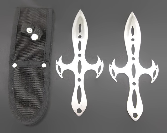 ''KNIFE A5202 2pcs 8'''' Throw - Set of 2 Silver Cross Style THROWING Knives with Sheath ''
