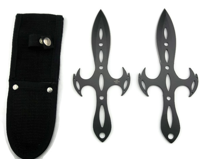 ''KNIFE A5202BK 2pcs 8'''' Throw - Set of 2 Black Cross Style THROWING Knives with Sheath ''