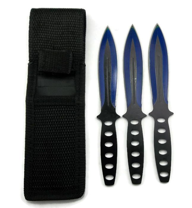 ''KNIFE A0240BL 3pcs 6'''' Throw - Set of 3 Black and Blue THROWING Knives with Sheath ''